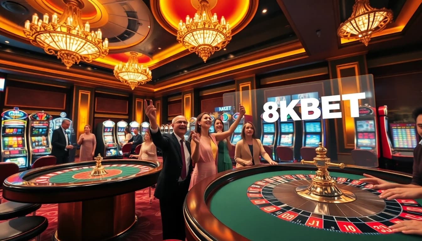 Gambling excitement at 8KBET with players enjoying poker and slots in a luxurious casino atmosphere.