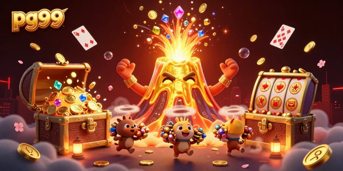 Engage with pg99's vibrant gaming world where a triumphant golden volcano erupts treasure amidst playful adventures.