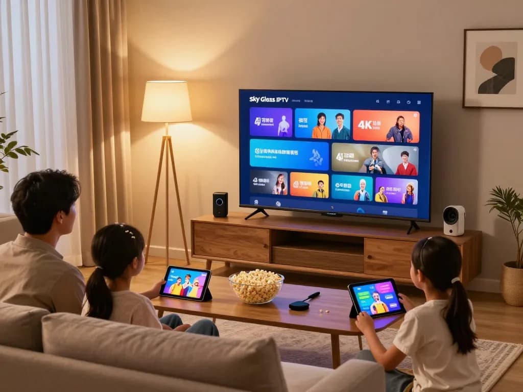 Sky glass IPTV family streaming experience with 4K clarity in a cozy living room.