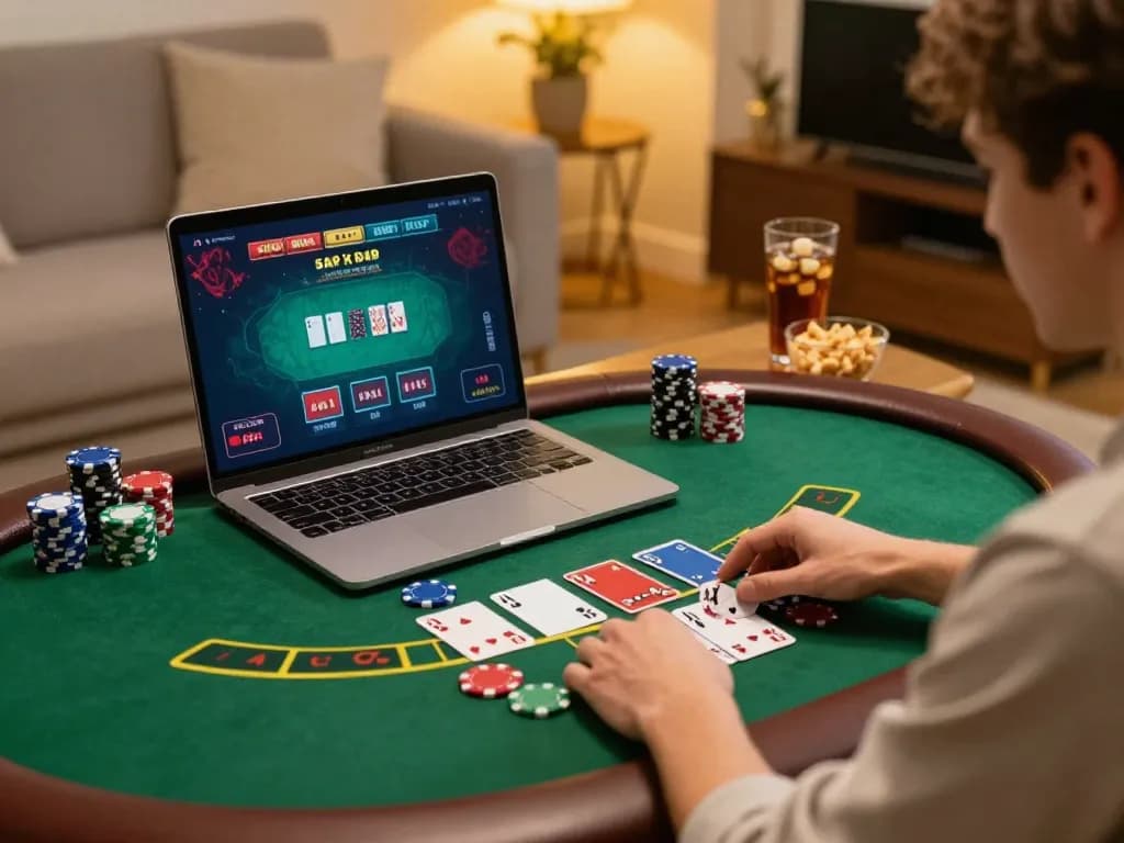 Player enjoying a live dealer blackjack game on their laptop, highlighting the excitement of xi88 online gaming.