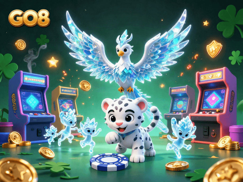 Engage in GO8 gaming excitement with a vibrant scene of a phoenix, snow leopard, and ice sprites.
