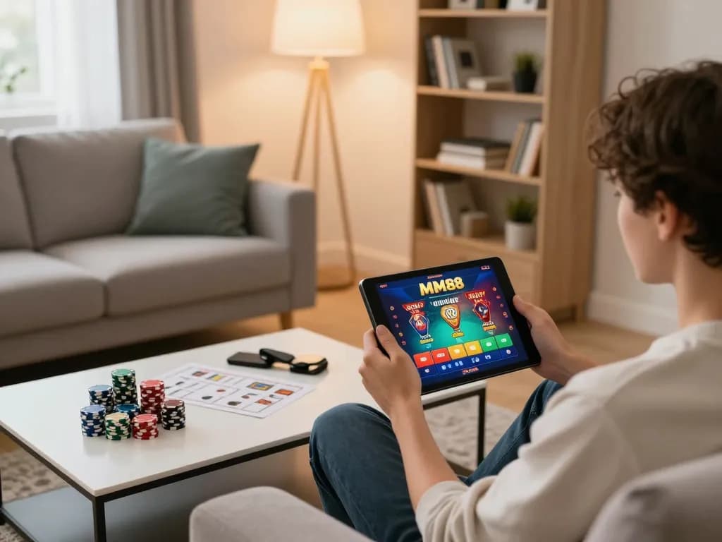 Engaging moment at MM88 online casino with user enjoying a game on tablet in a cozy home setting