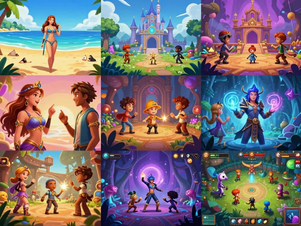 A colorful depiction of diverse characters from popular porn games engaging in playful scenarios, showcasing immersive game environments.