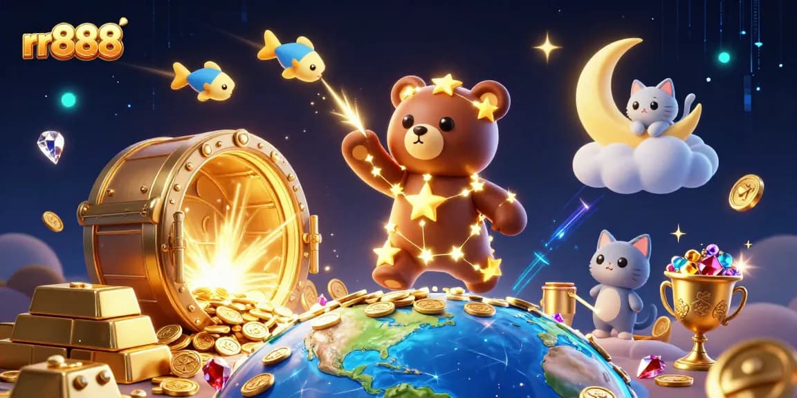 Experience the magic of rr888 at a vibrant casino with golden stars, treasures, and enchanting elements.