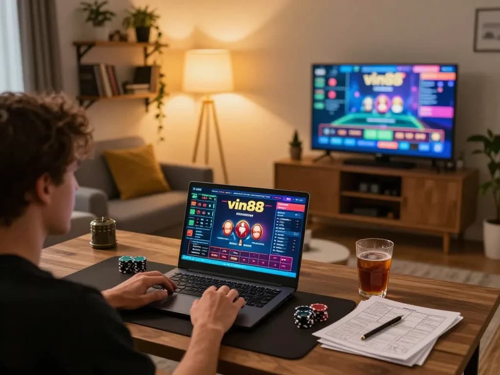 Engaging in vin88 poker game online from a cozy home setup, highlighting a player's focus and strategic approach
