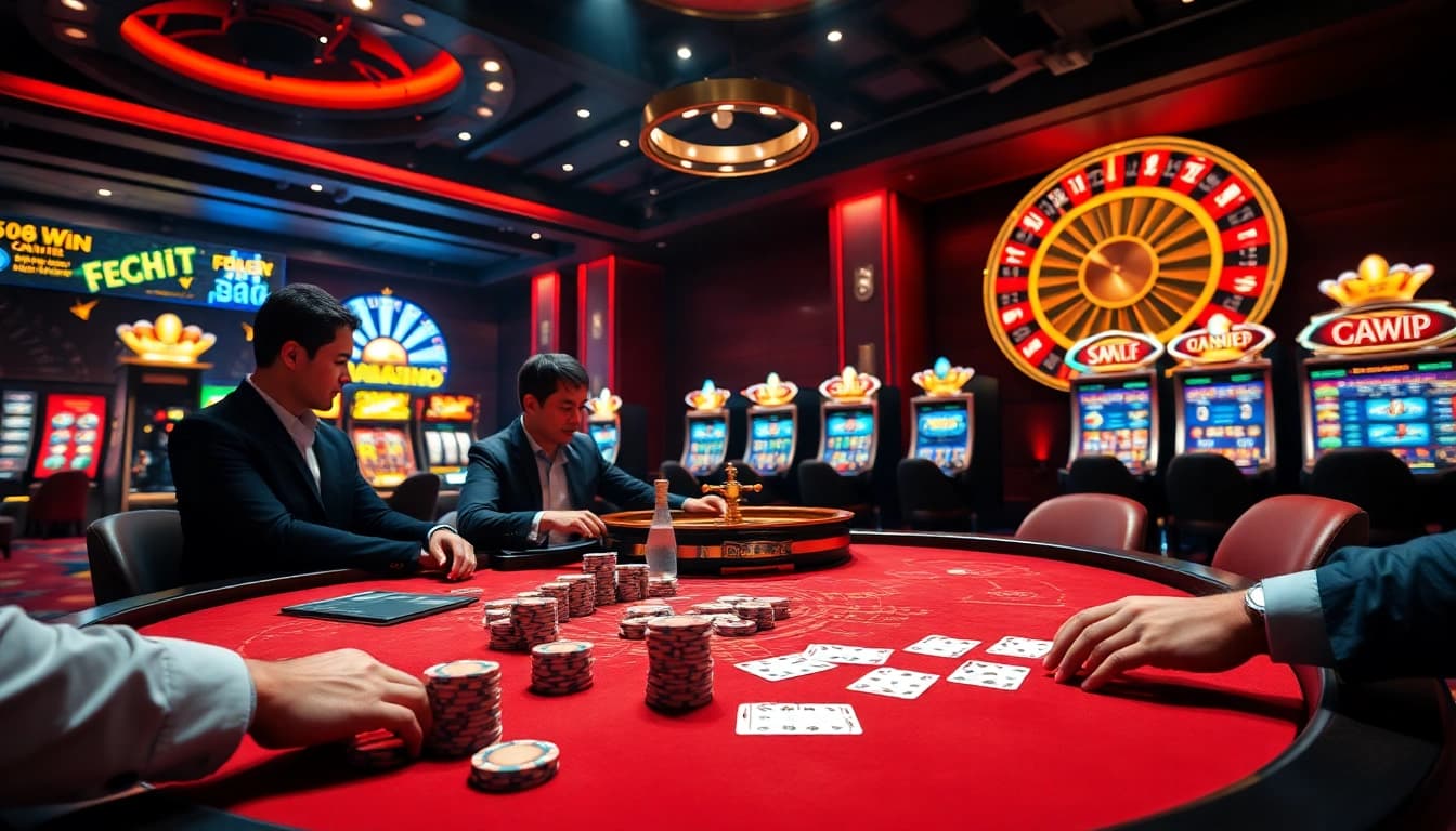Players enjoying high-stakes poker and roulette in a luxurious casino atmosphere, highlighting 58win 2025.