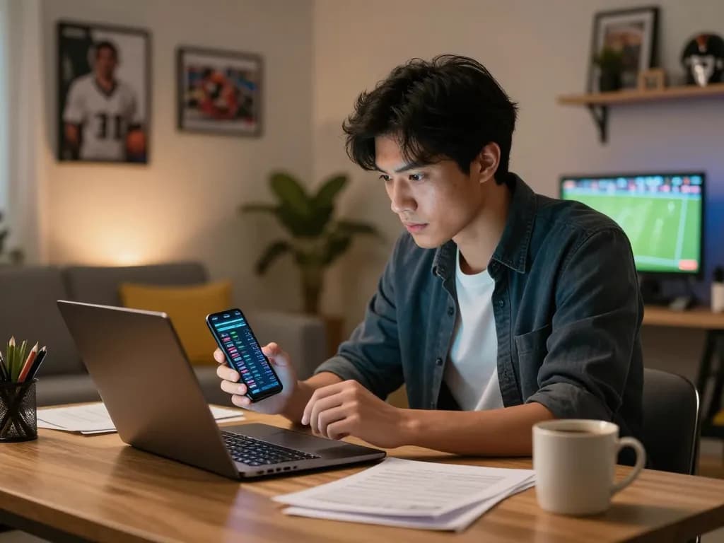 Analyzing soi kèo nhà cái stats with a laptop and mobile app during intense sports bet preparation.