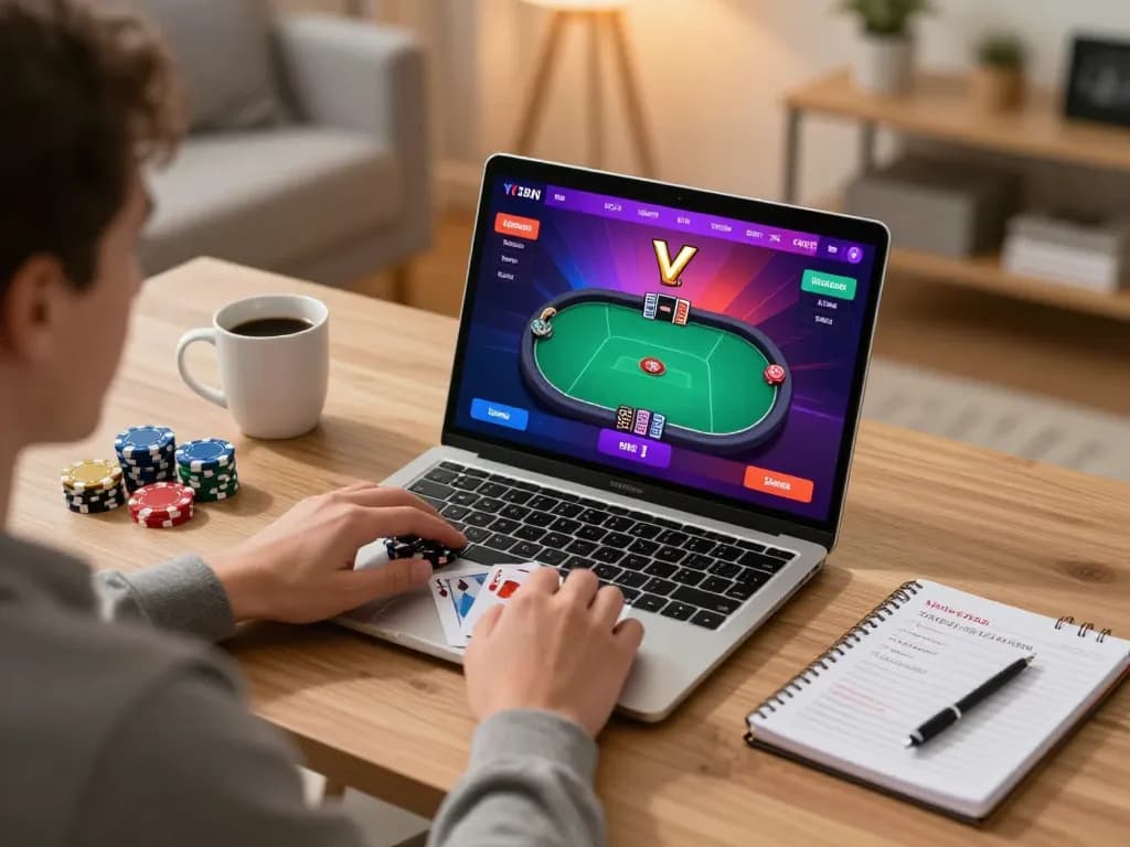 Engaging poker player concentrating on gem88 online game interface with chips in hand.