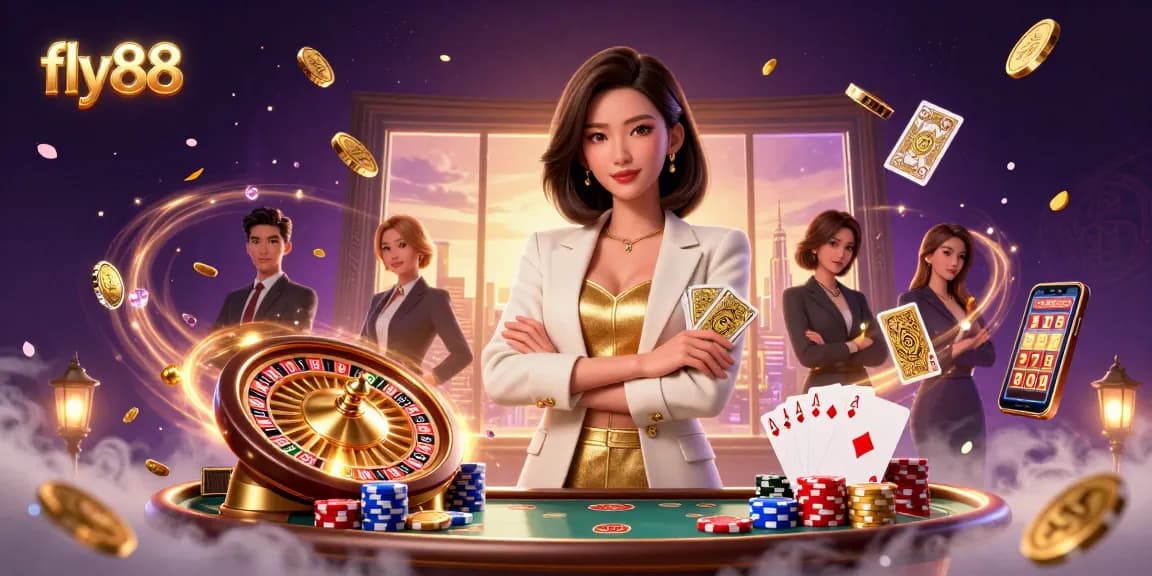 Experience thrilling gaming at fly88, featuring vibrant casino elements and a captivating setting.