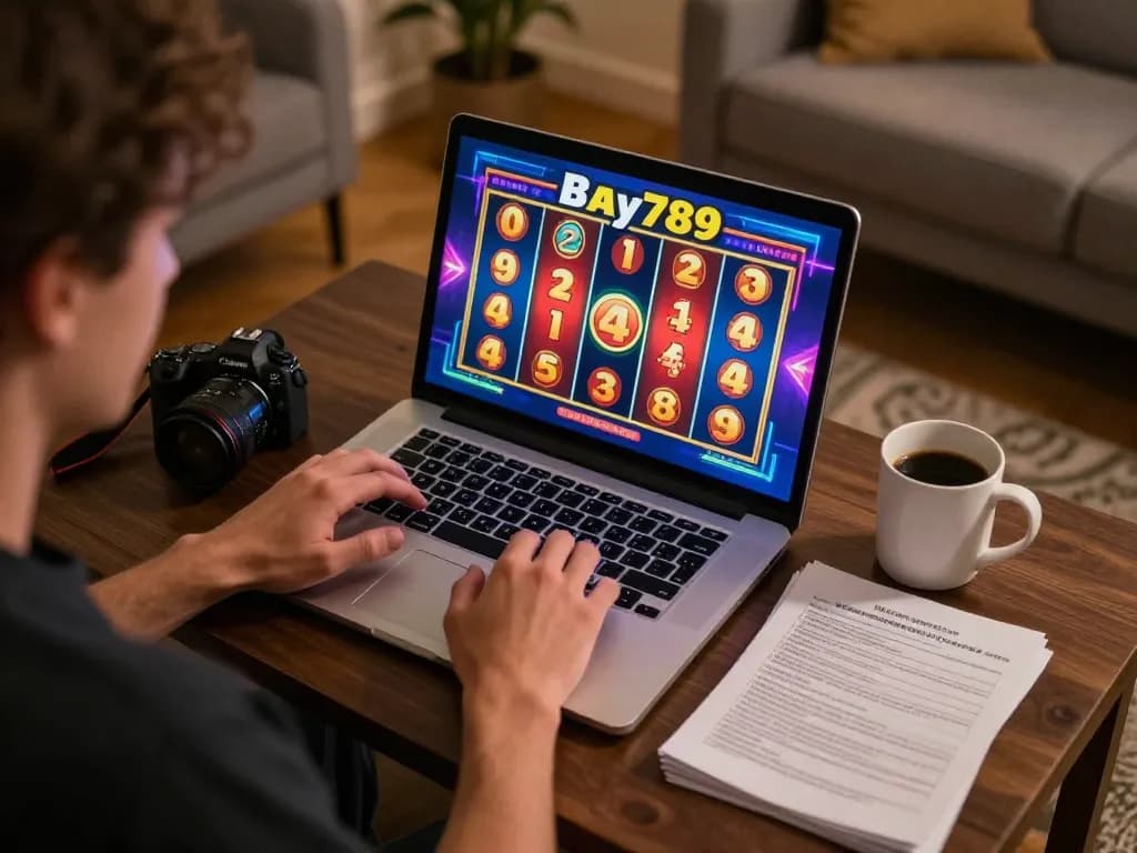Player enjoying thrilling Bay789 online slots on a laptop at home with strategy notes.