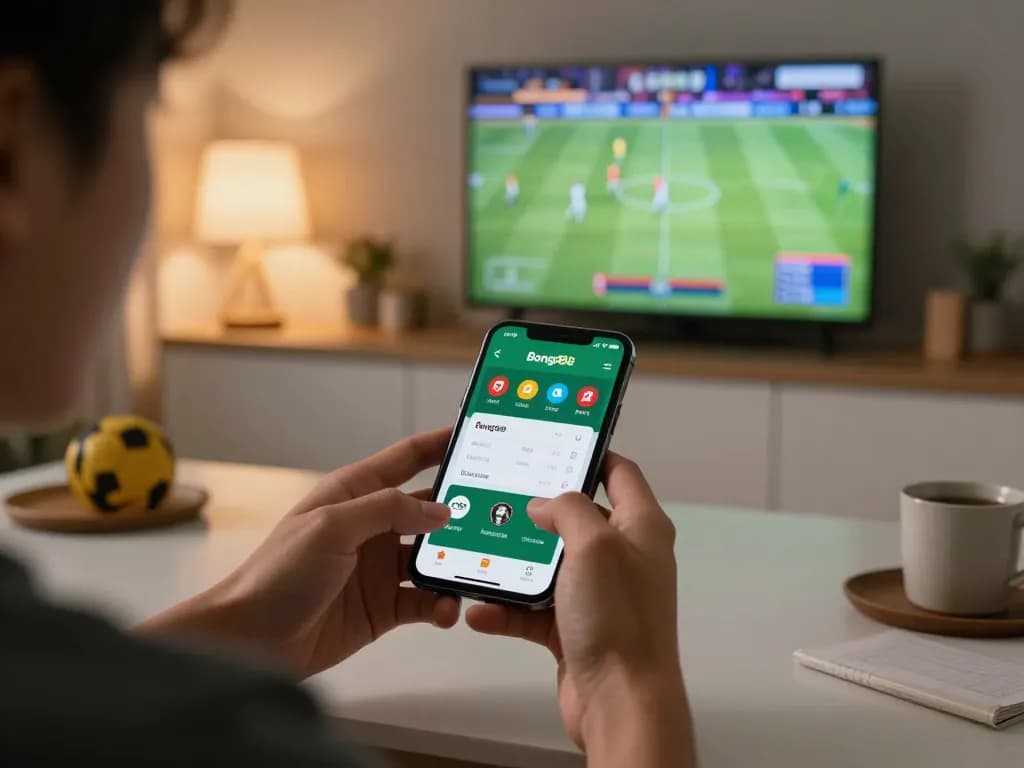 Placing bets on the Bong88 app for live sports action with smartphone at the kitchen table