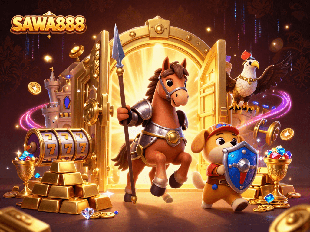 Experience the thrilling gameplay of SAWA888 with knights, treasures, and captivating slot reels.