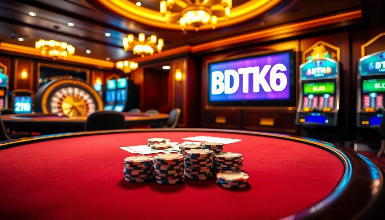 Engaging scene of high-stakes poker at BDTK66 casino, showcasing vibrant chips and cards.