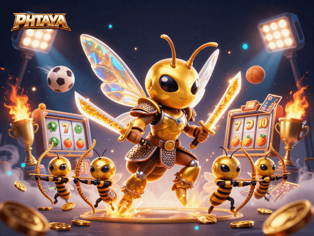 PHTAYA brings slots and jackpots to life with an exciting 3D illustration of a golden hornet in an energetic casino atmosphere.