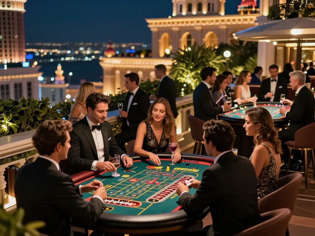 Experience the excitement at ve88's luxury rooftop casino with guests engaged in roulette.