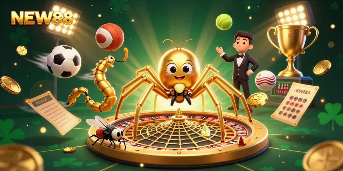 Experience exhilarating betting action at NEW88 with a dynamic casino illustration featuring vibrant games.