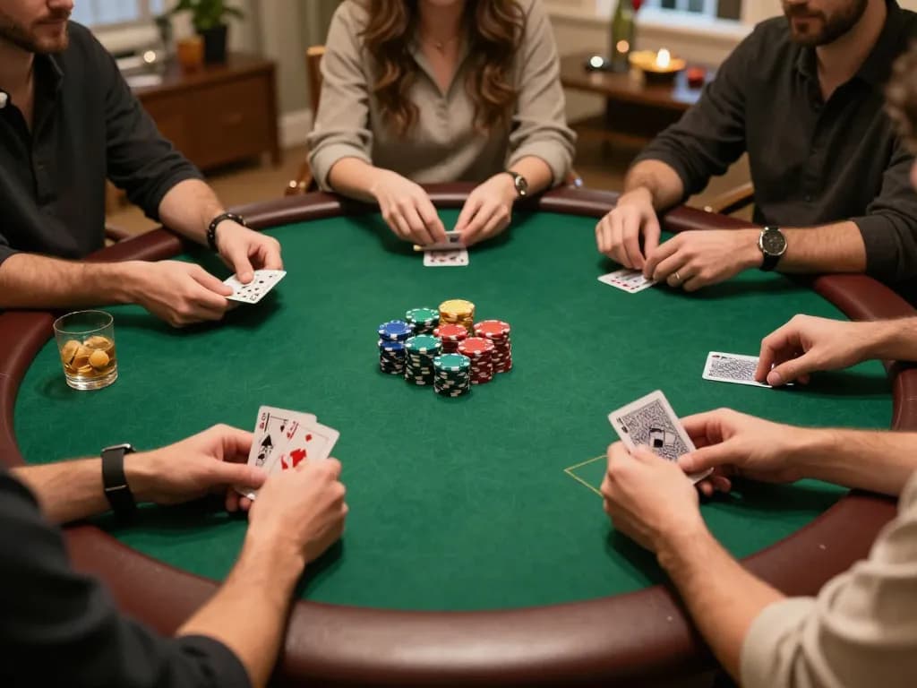 Players enjoying poker night with qq88 strategy cards and chips at a premium home setting.