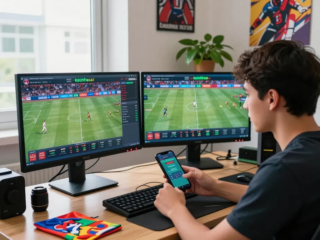 Young man engaging with keonhacai sports betting platform in a vibrant urban setting.