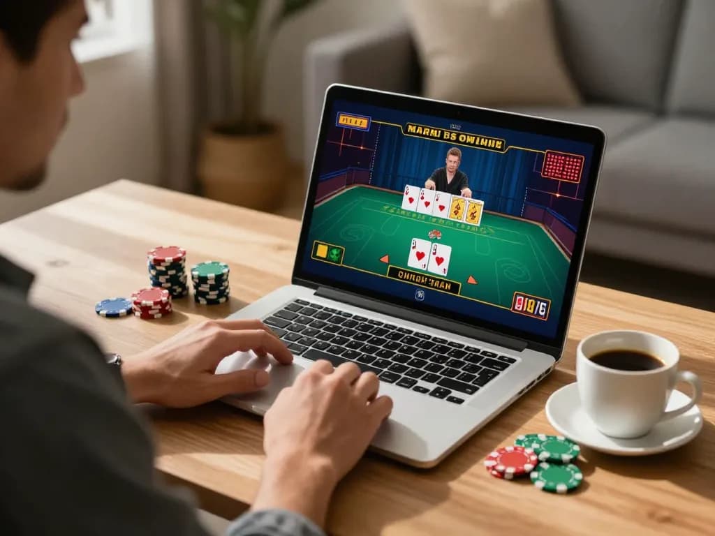 Player engaging with live dealer game on 88fc laptop, showcasing strategic online gambling.