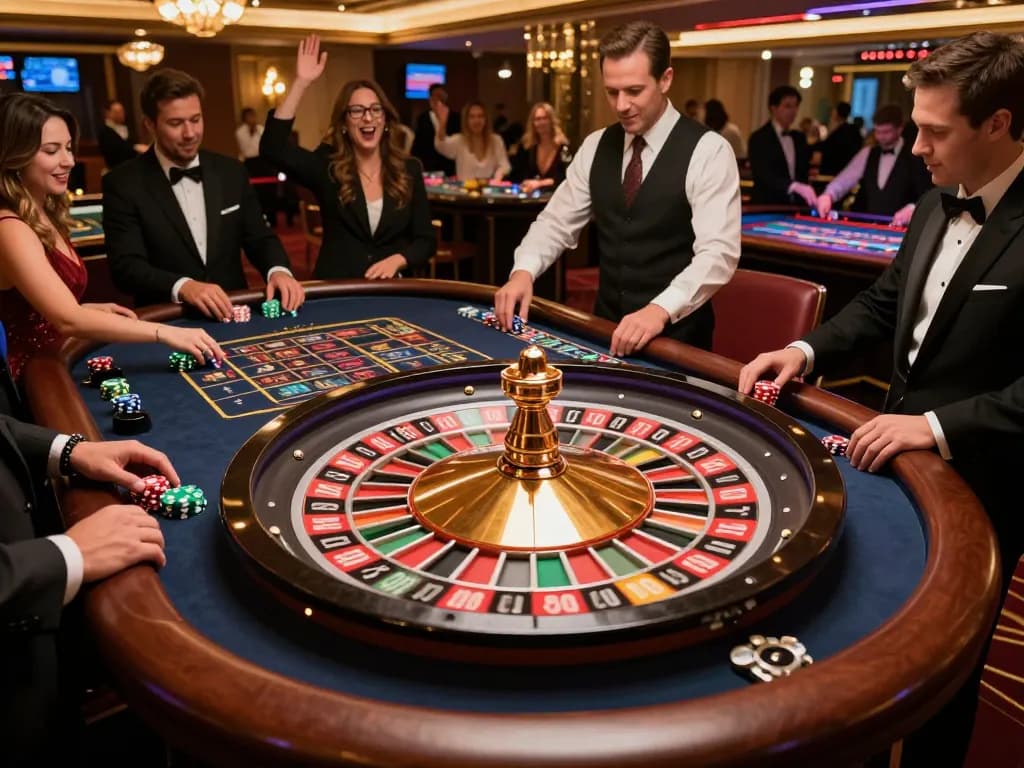 Experience the thrill of betting at Fabet's exciting roulette table surrounded by eager players.