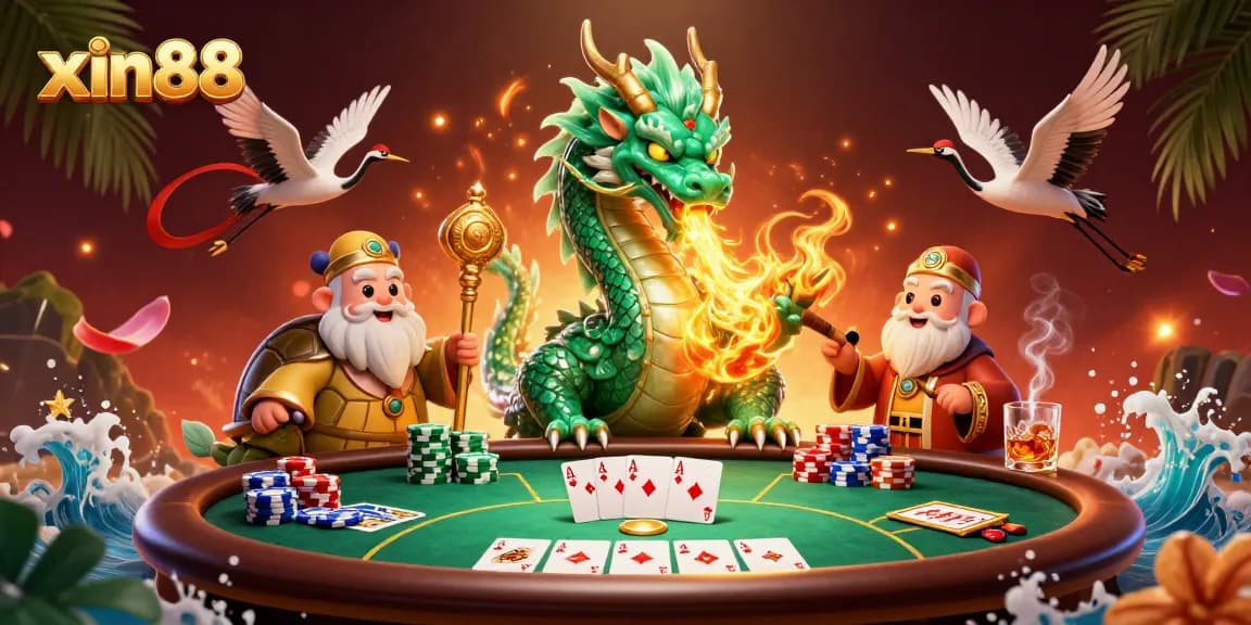 Experience thrilling gameplay with xin88's unique dragon, turtle sage, and lucky cranes in a vibrant casino scene.