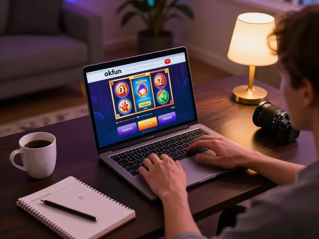 Engaging with the okfun online casino interface at home, showcasing a lively gaming setup.