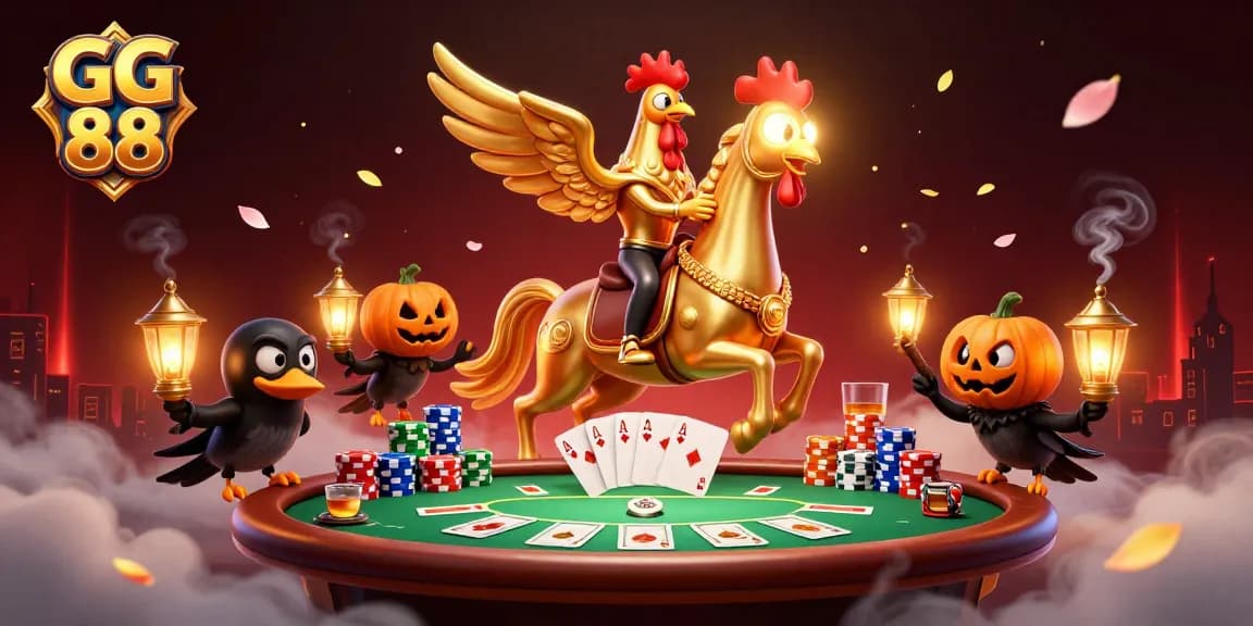 Experience the excitement of GG 88 through a vibrant casino scene filled with dynamic gaming elements.