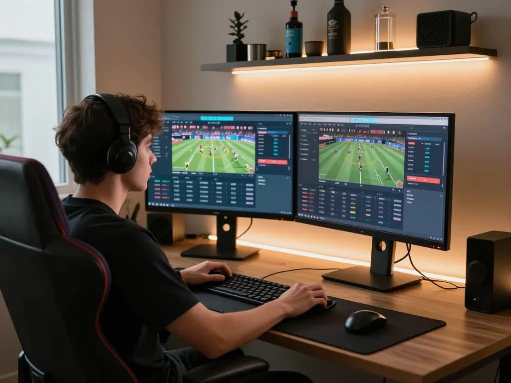Betting enthusiast analyzing odds on 888bgo during online gambling session with dual screens.