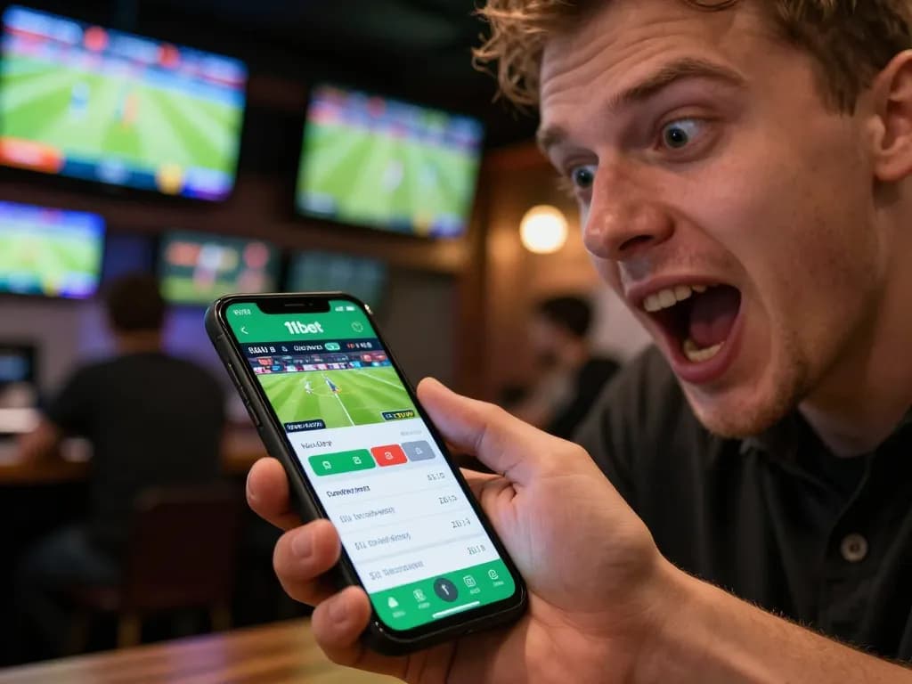 Betting on live sports using the 11bet app in a lively atmosphere with a smartphone.