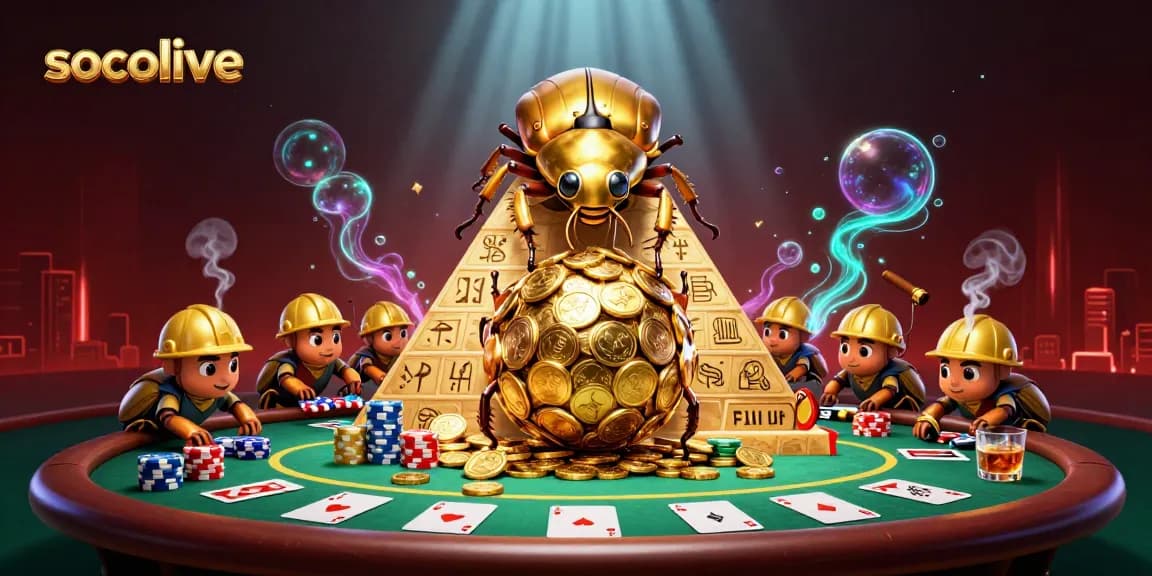 Engage with Socolive's vibrant sports betting scene featuring a golden beetle symbolizing luck amid a wealth of poker elements.