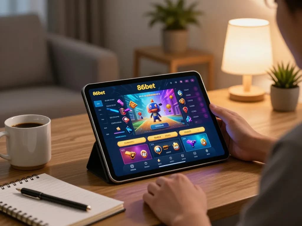 Engaging scene of a user playing on the 86bet app, featuring a tablet with vibrant gaming graphics and cozy setup