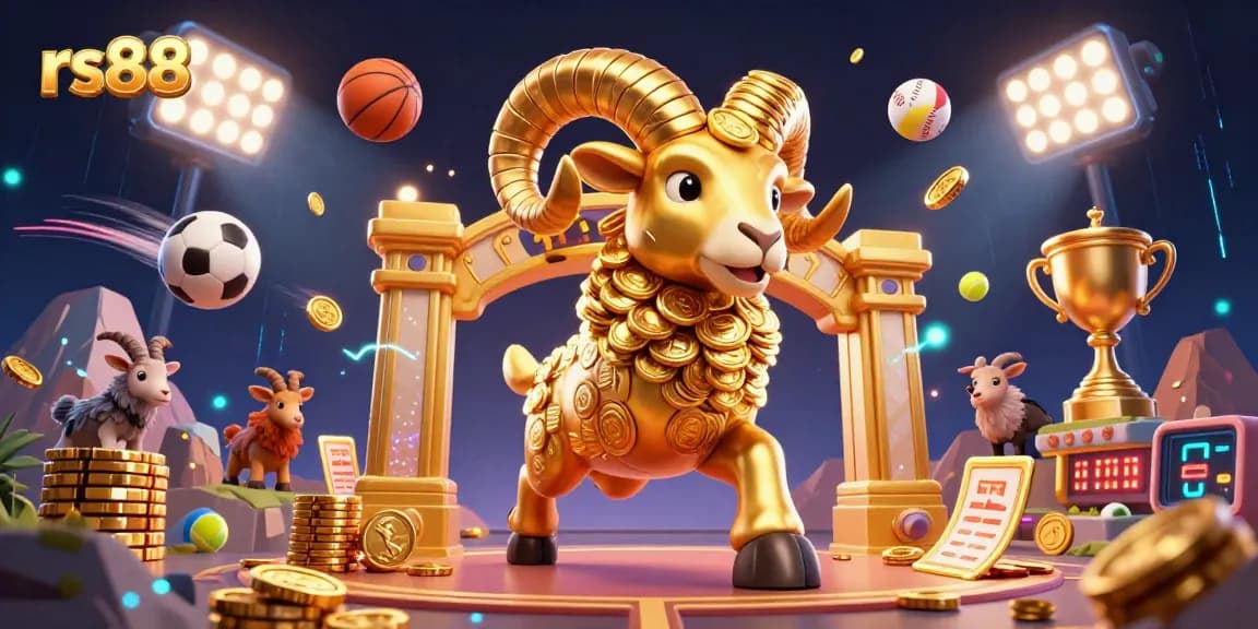 Experience thrilling betting excitement with rs88, featuring a dynamic 3D ram surrounded by sports elements and casino excitement.
