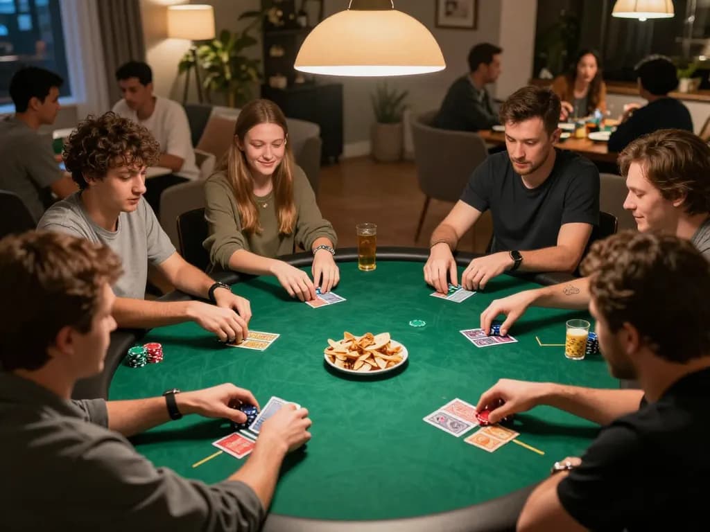Participants engage in a thrilling poker game at home while exploring strategies with sin88.