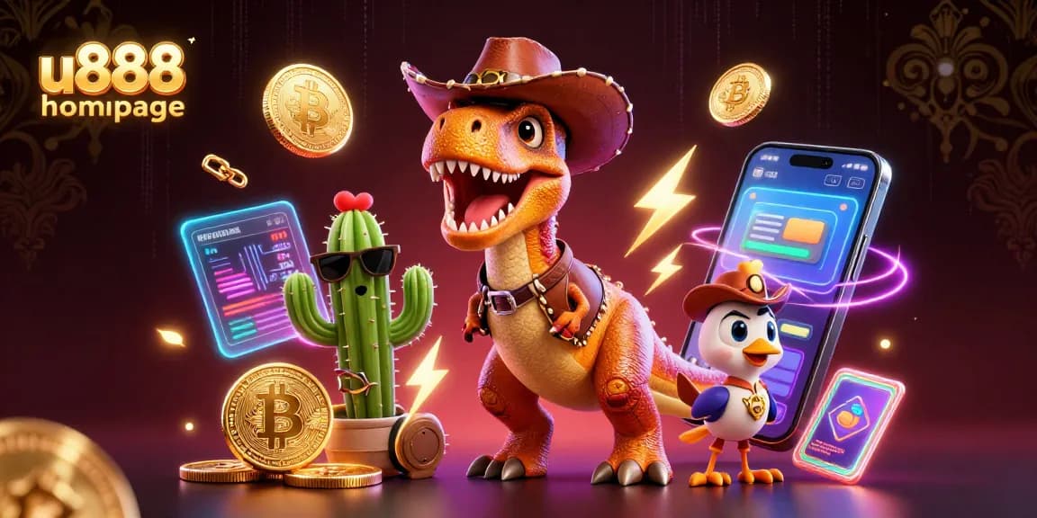 Engage with the vibrant u888 homepage showcasing a cowboy T-Rex and crypto-themed elements.