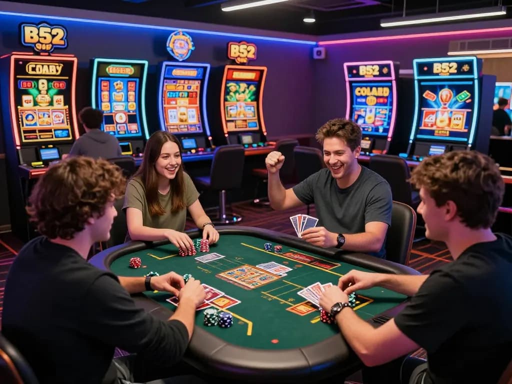 Players enjoying thrilling B52 online casino games in a vibrant gaming lounge.