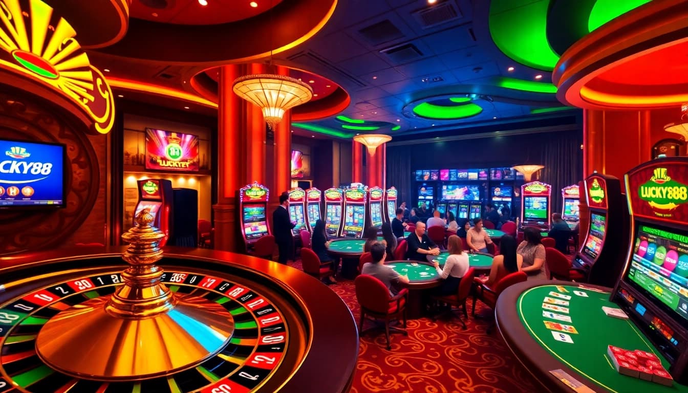 Experience the thrill of LUCKY88 at a vibrant casino filled with slot machines and roulette wheels.