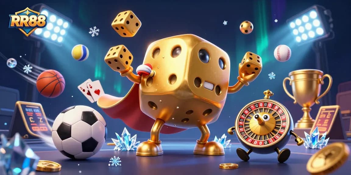 Join the excitement with RR88 as the golden dice golem juggles dice, surrounded by thrilling sports betting action.