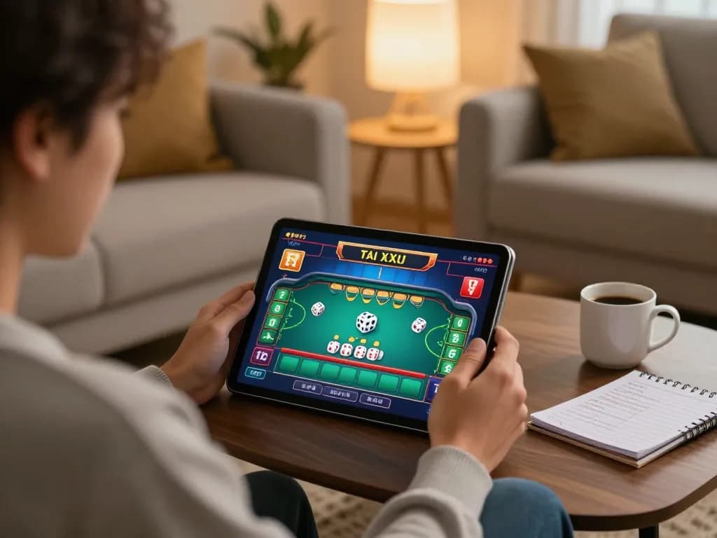 Player immersed in tai xiu online game on tablet, cozy home atmosphere with strategy notes.