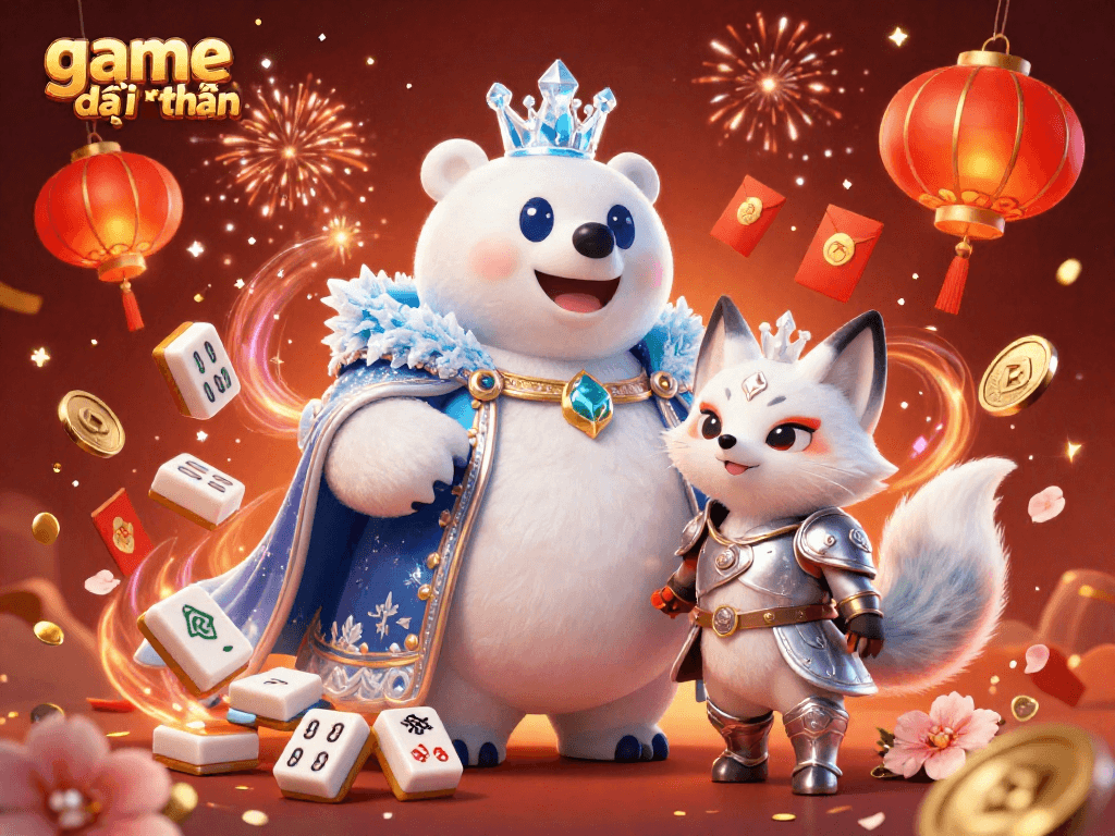 Experience game đổi thưởng with a vibrant 3D scene of an ice king and snow fox amidst festive casino elements.