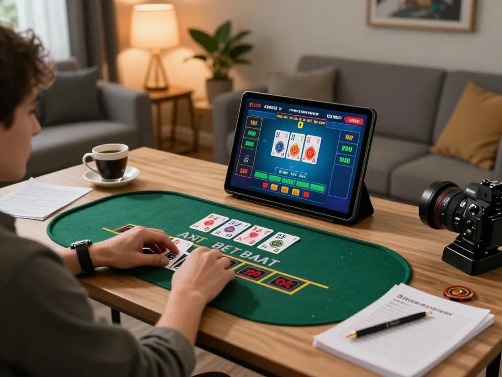 KUBET online gaming experience showing a player engaged with a live dealer blackjack game at home.