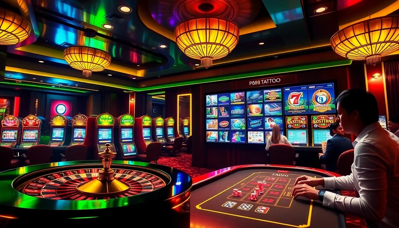 The exciting online gambling scene on pg88.tattoo showcases casino tables and spinning roulette wheels.