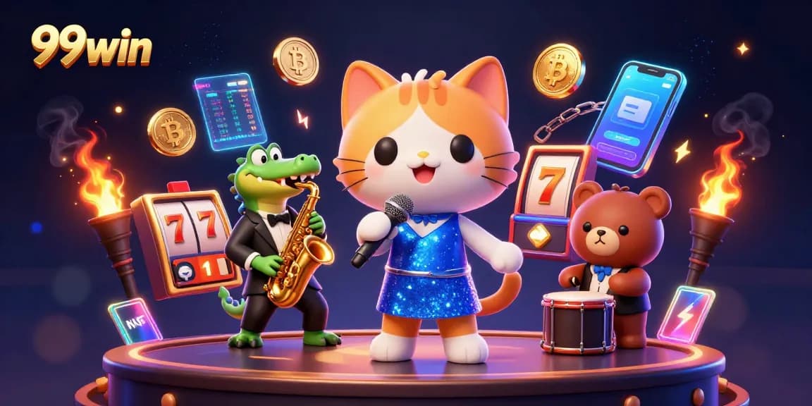 Engage with the vibrant 99win casino scene featuring a jazz-singer cat and whimsical characters.