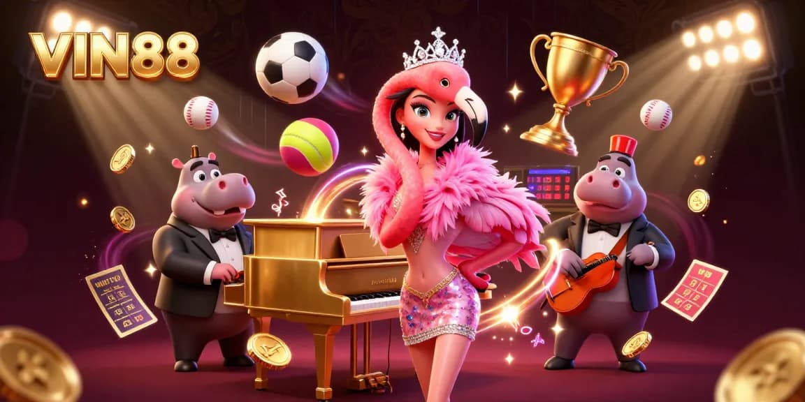 Experience thrilling moments with VIN88's vibrant 3D casino scene featuring lively characters and dynamic sports elements.
