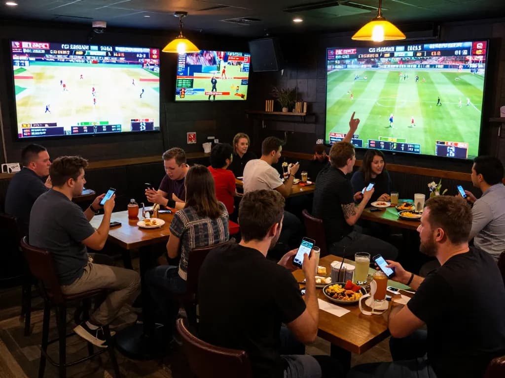Engaged sports fans using keonhacai apps to place bets in a lively sports bar atmosphere
