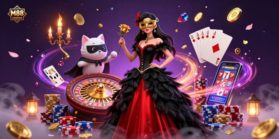 M88 casino themed illustration showcasing a glamorous woman and a phantom cat amidst casino elements like golden coins and playing cards.