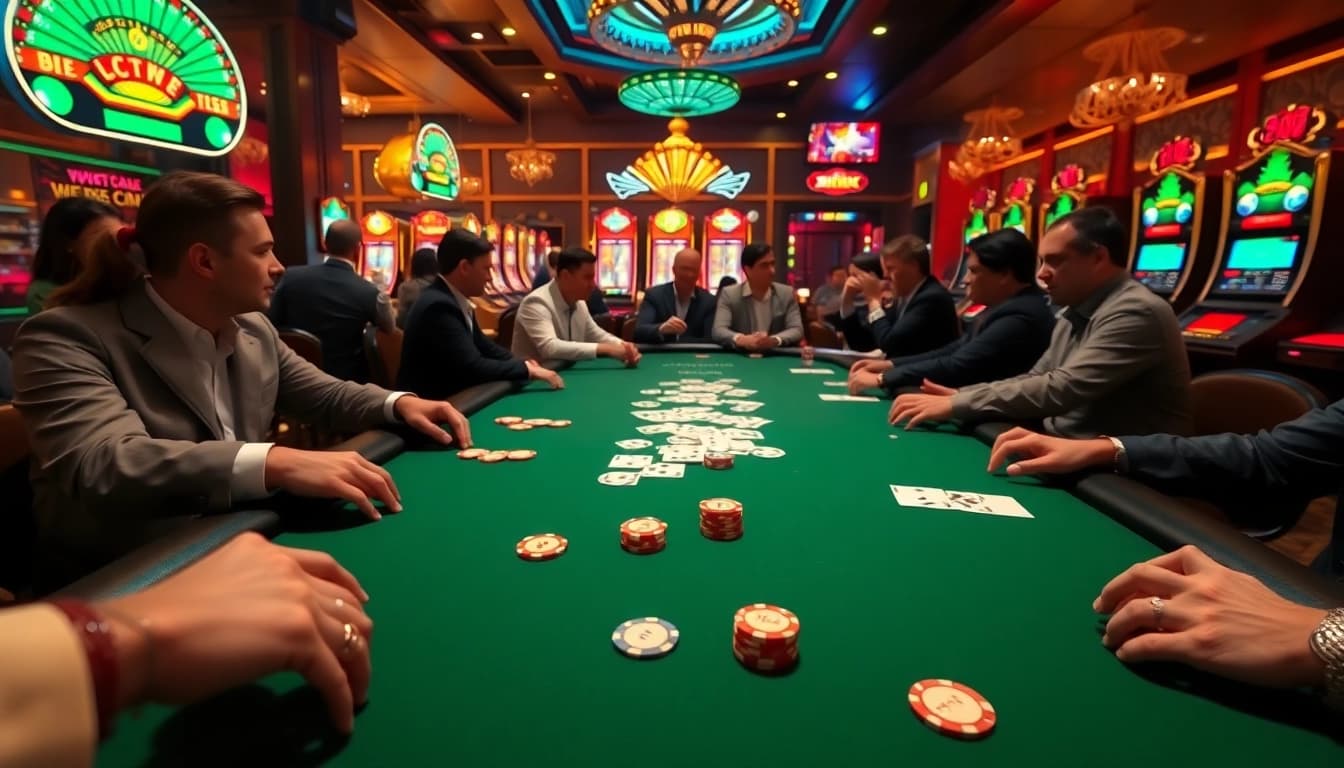 Players enjoying high-stakes poker at BDTK66-themed casino tables under dynamic lighting.