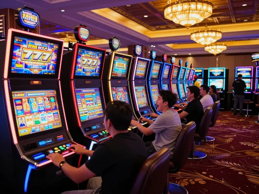 Players enjoying slot gacor 777 machines in a lively casino, capturing the thrill of gaming action