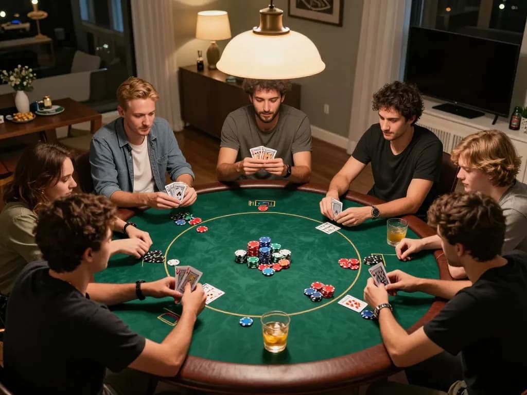 Friends enjoying an intense poker night at home, showcasing strategic gameplay at XX88.