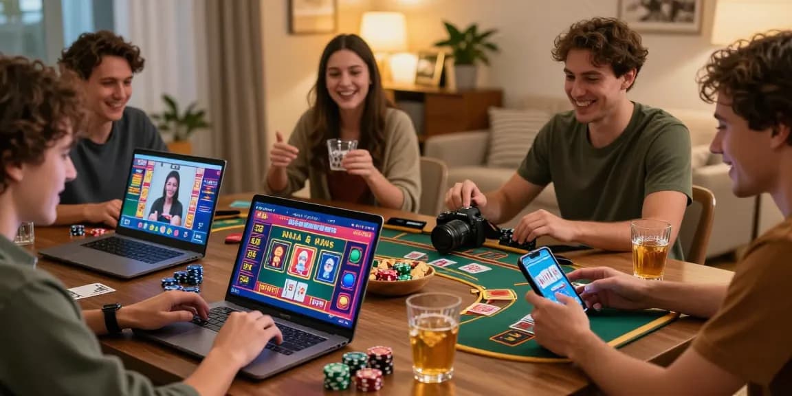 Friends enjoying online games at home in a lively atmosphere while playing at casinos that accept credit card.