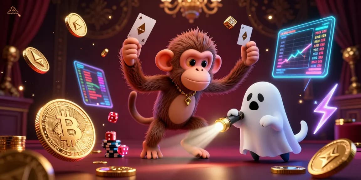 Experience the excitement of World Cup 2026 with a whimsical scene featuring a mischievous poltergeist monkey and a puppy in a haunted casino.